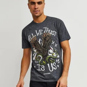 Best All We Trust Burnout Wash Short Sleeve Graphic Print Tee - Charcoal Graphic Tees