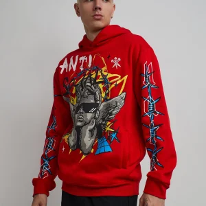 Cheap Anti Social Cherub Graphic Print Hoodie - Red Hoodies | Hoodies