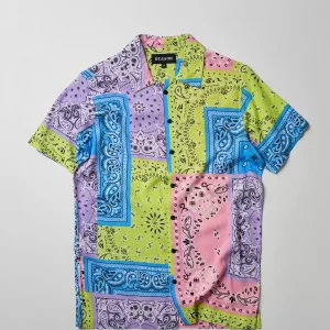Fashion Bandana Paisley Allover Print Short Sleeve Shirt Button Downs