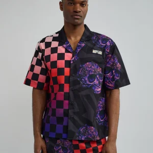 New Checkers And Skulls Split Woven Short Sleeve Shirt Button Downs