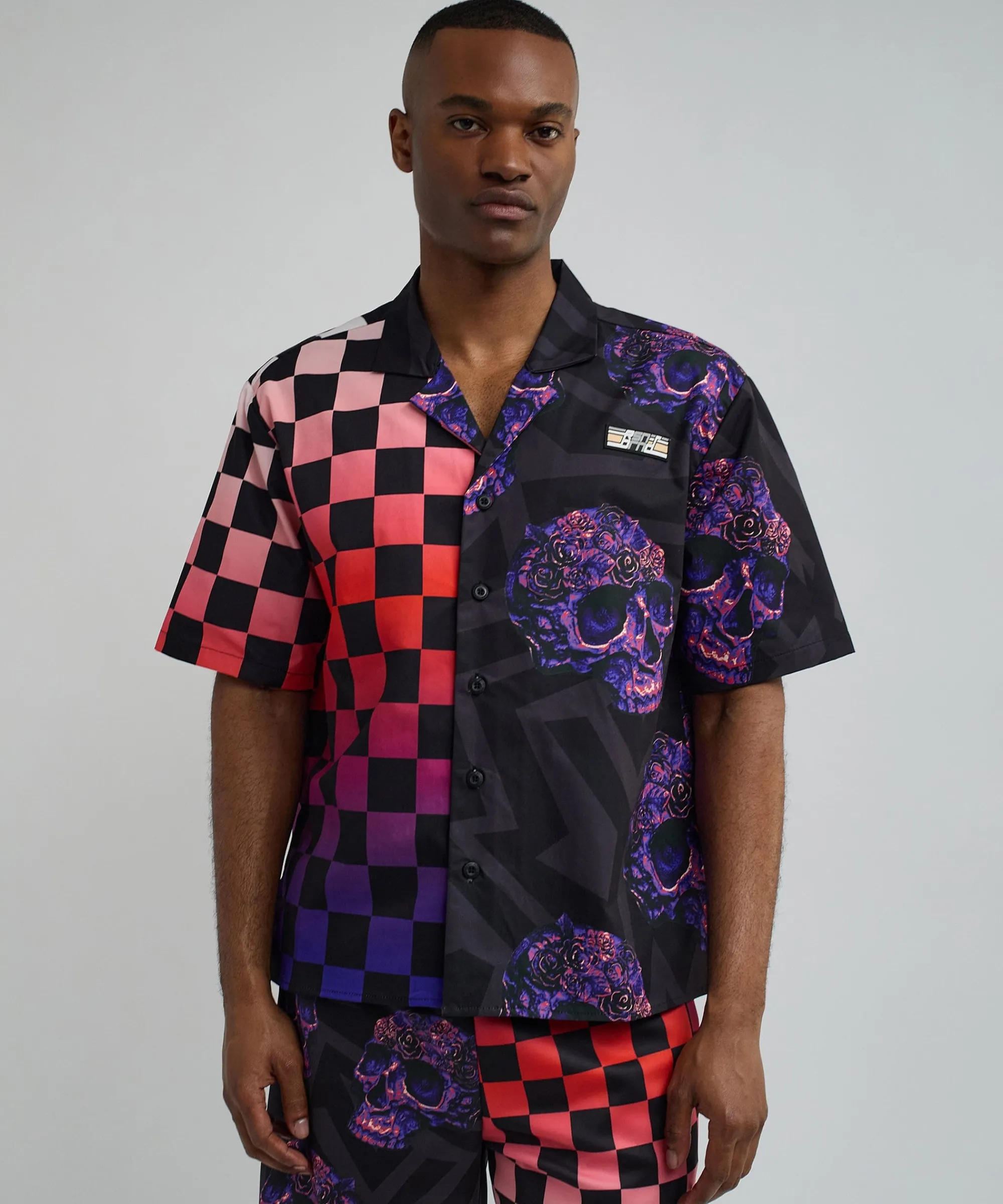 checkers_and_skulls_split_woven_short_sleeve_shirt_0.webp New Checkers And Skulls Split Woven Short Sleeve Shirt Button Downs