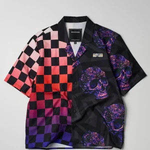 New Checkers And Skulls Split Woven Short Sleeve Shirt Button Downs