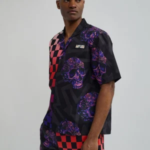 New Checkers And Skulls Split Woven Short Sleeve Shirt Button Downs