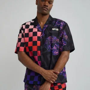 New Checkers And Skulls Split Woven Short Sleeve Shirt Button Downs