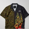 Cheap Cheetah And Flames Split Woven Short Sleeve Shirt Button Downs
