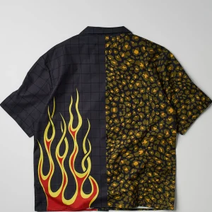 Cheap Cheetah And Flames Split Woven Short Sleeve Shirt Button Downs