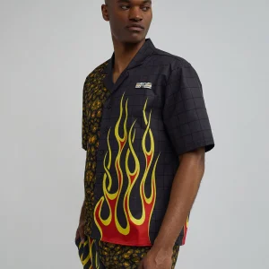 Cheap Cheetah And Flames Split Woven Short Sleeve Shirt Button Downs