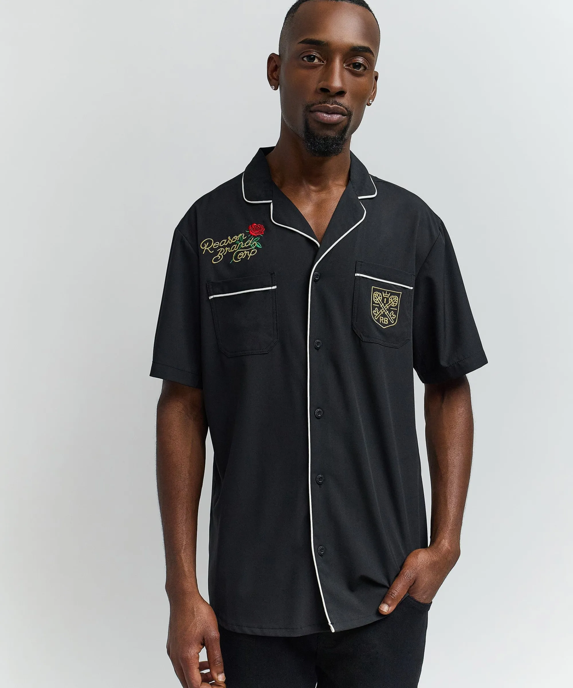 clubmaster_short_sleeve_embroidered_button_down_shirt__black_0.webp Cheap Clubmaster Short Sleeve Embroidered Button Down Shirt - Black Button Downs