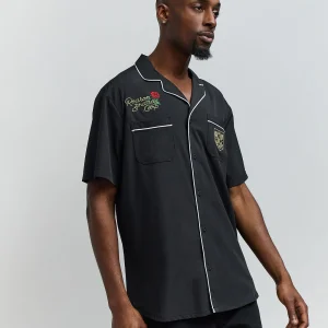 Cheap Clubmaster Short Sleeve Embroidered Button Down Shirt - Black Button Downs