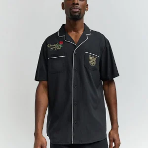 Cheap Clubmaster Short Sleeve Embroidered Button Down Shirt - Black Button Downs