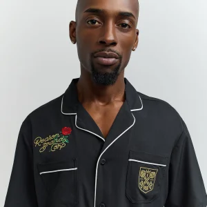 Cheap Clubmaster Short Sleeve Embroidered Button Down Shirt - Black Button Downs