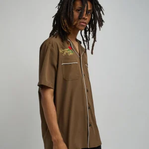 Cheap Clubmaster Short Sleeve Embroidered Button Down Shirt - Brown Button Downs