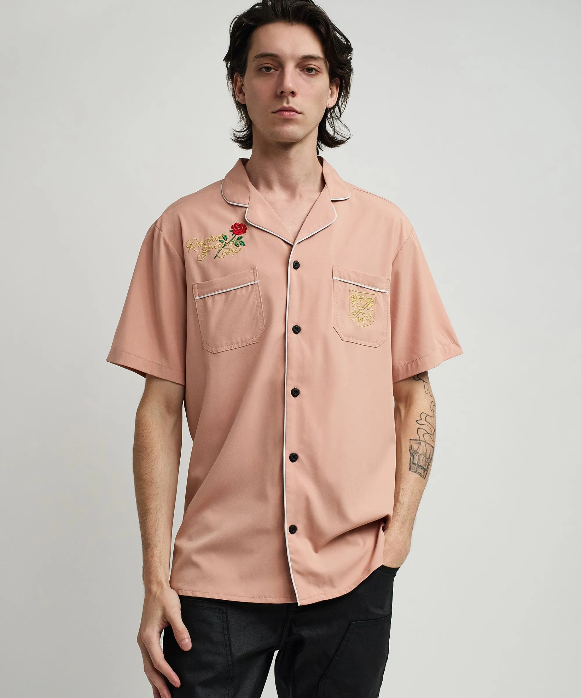 clubmaster_short_sleeve_embroidered_button_down_shirt__sand_3.webp Clearance Clubmaster Short Sleeve Embroidered Button Down Shirt - Sand Button Downs