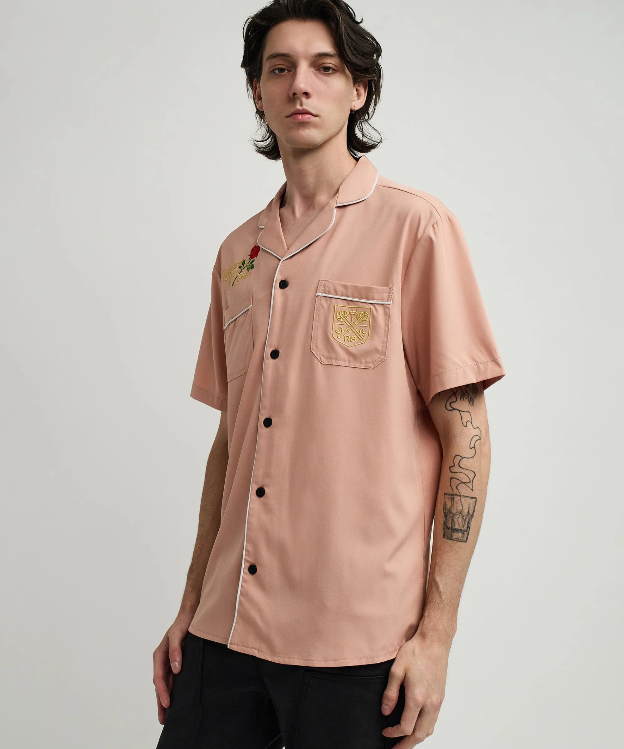 clubmaster_short_sleeve_embroidered_button_down_shirt__sand_4.webp Clearance Clubmaster Short Sleeve Embroidered Button Down Shirt - Sand Button Downs