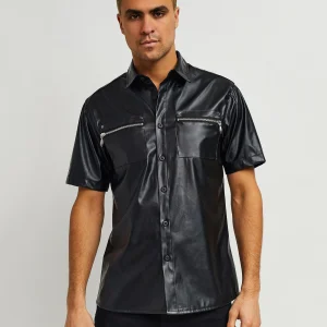 Shop Dante Faux Leather Short Sleeve Shirt - Black Button Downs