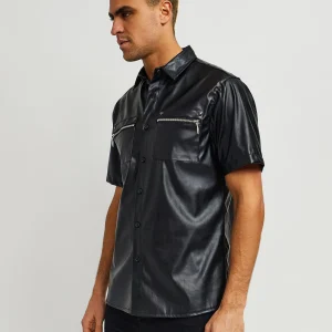Shop Dante Faux Leather Short Sleeve Shirt - Black Button Downs