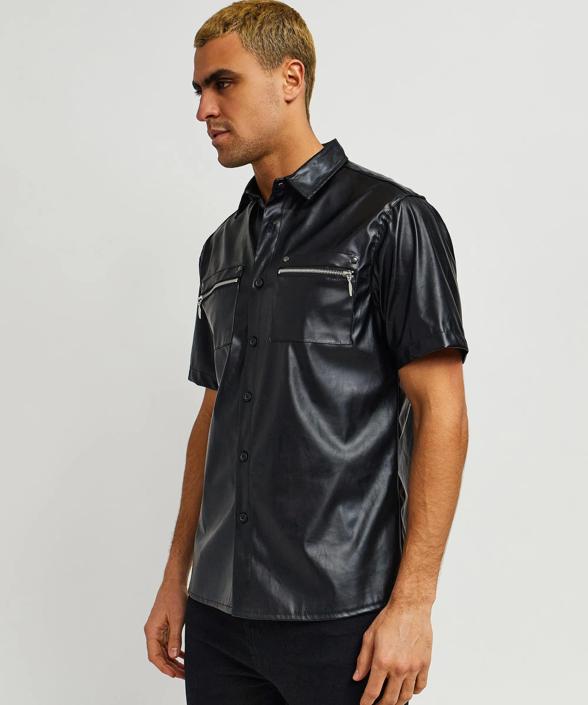 dante_faux_leather_short_sleeve_shirt__black_3.webp Shop Dante Faux Leather Short Sleeve Shirt - Black Button Downs