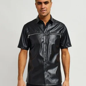 Shop Dante Faux Leather Short Sleeve Shirt - Black Button Downs
