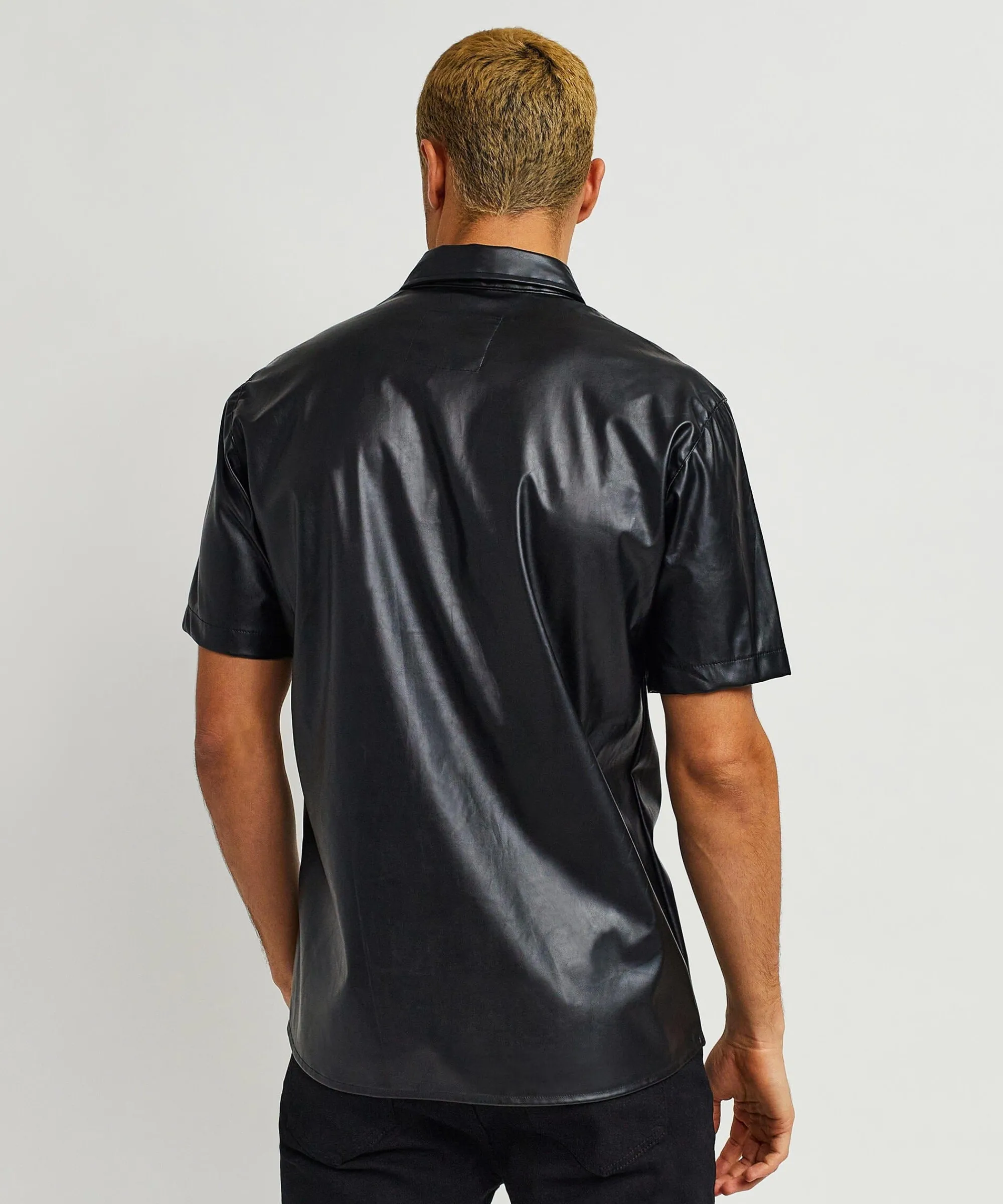 dante_faux_leather_short_sleeve_shirt__black_5.webp Shop Dante Faux Leather Short Sleeve Shirt - Black Button Downs