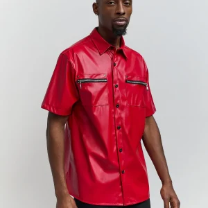 Outlet Dante Faux Leather Short Sleeve Shirt - Red Button Downs
