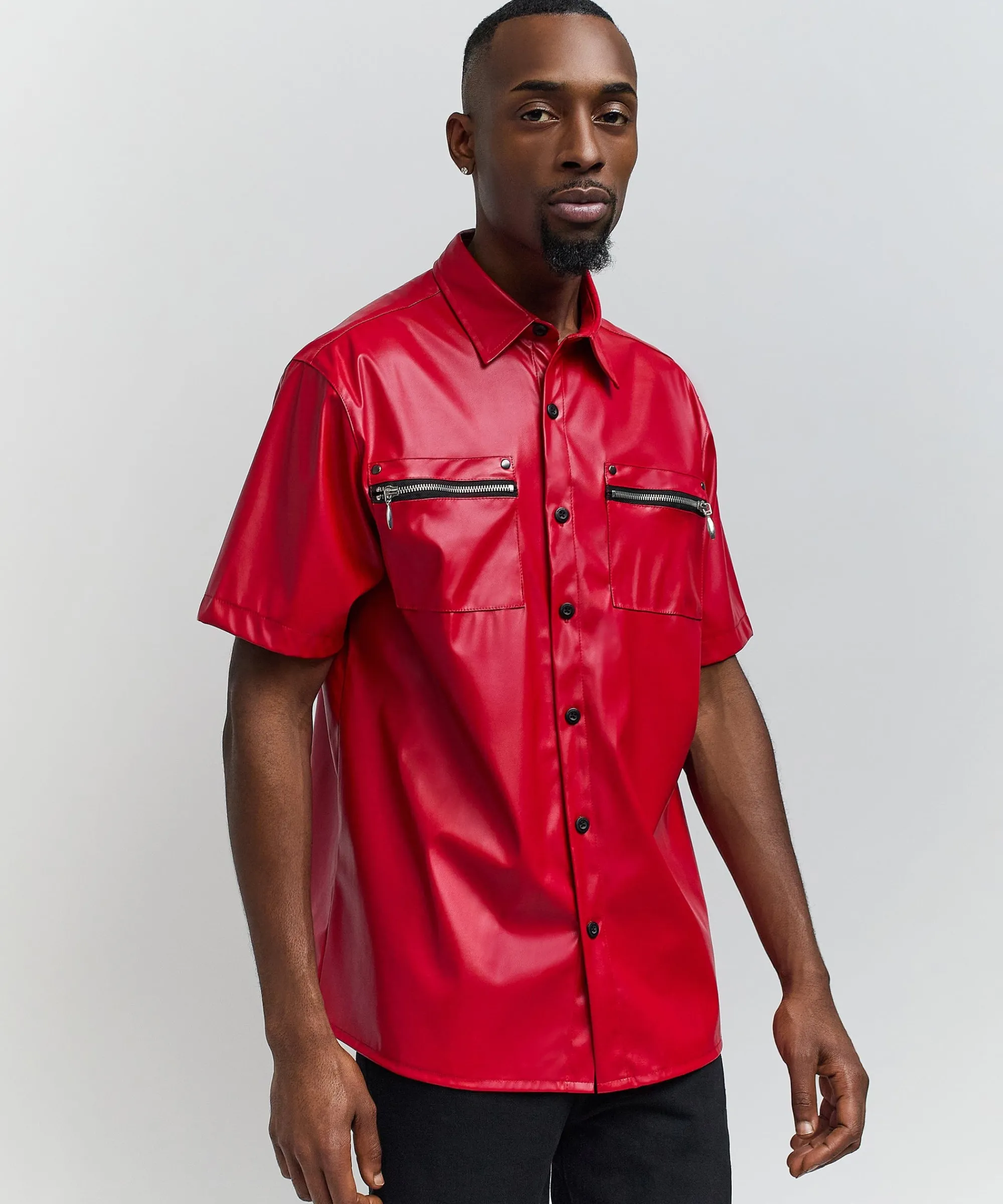 dante_faux_leather_short_sleeve_shirt__red_2.webp Outlet Dante Faux Leather Short Sleeve Shirt - Red Button Downs