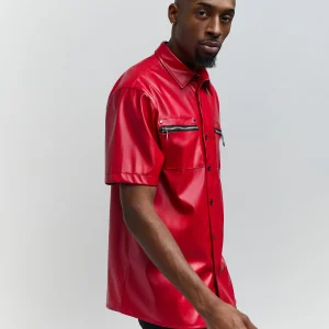 Outlet Dante Faux Leather Short Sleeve Shirt - Red Button Downs