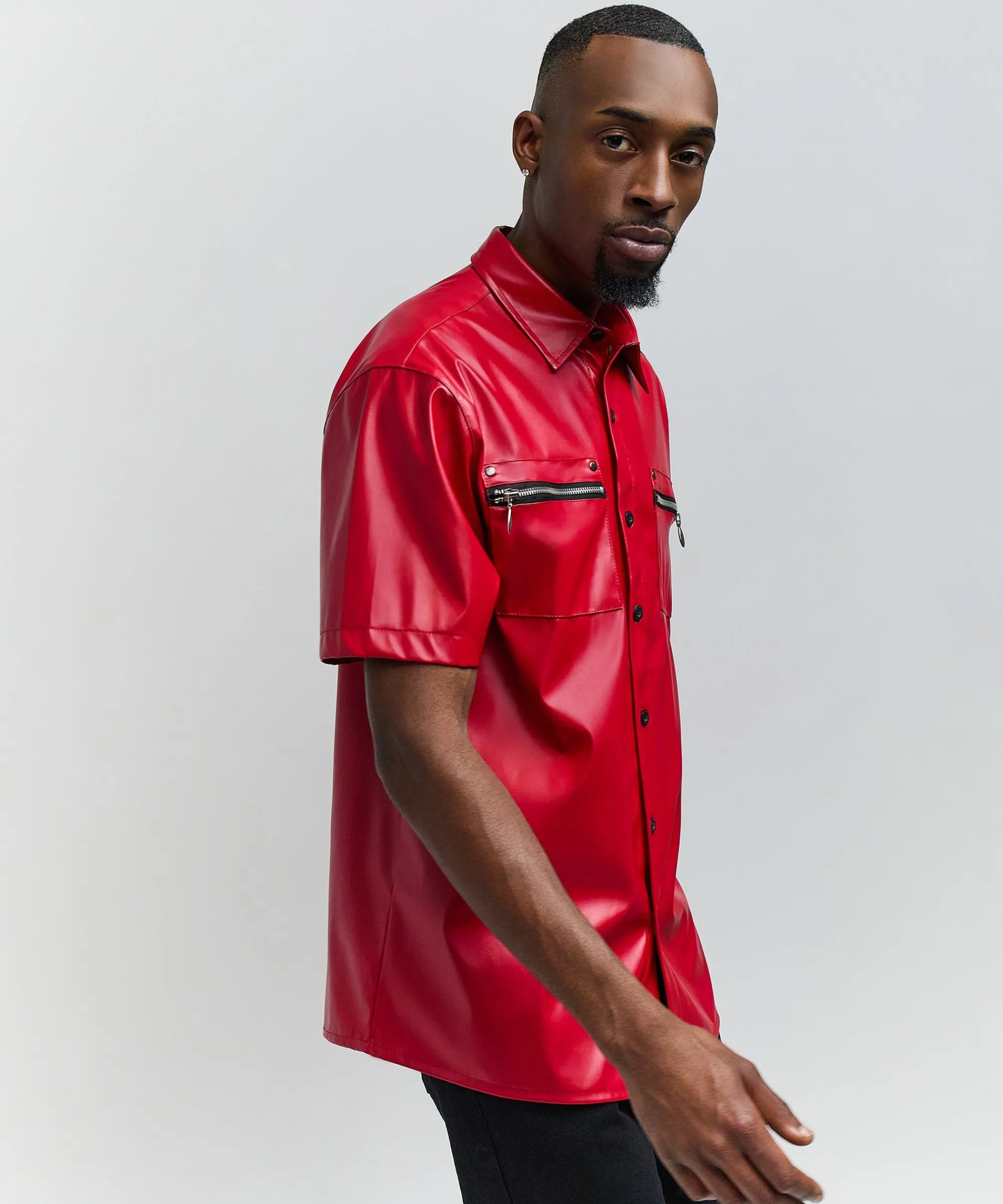 dante_faux_leather_short_sleeve_shirt__red_3.webp Outlet Dante Faux Leather Short Sleeve Shirt - Red Button Downs