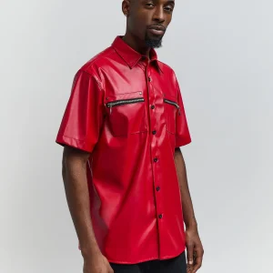 Outlet Dante Faux Leather Short Sleeve Shirt - Red Button Downs