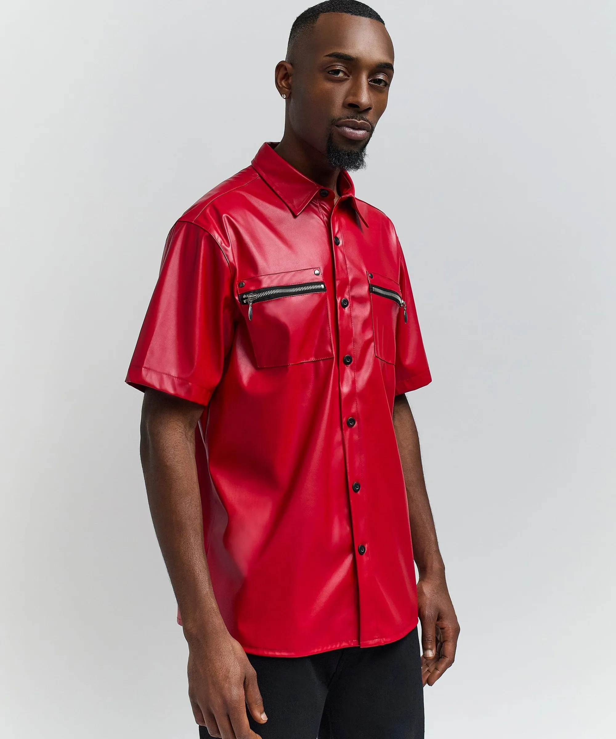 dante_faux_leather_short_sleeve_shirt__red_5.webp Outlet Dante Faux Leather Short Sleeve Shirt - Red Button Downs