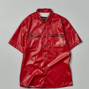 Outlet Dante Faux Leather Short Sleeve Shirt - Red Button Downs