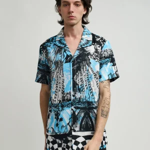 Cheap District Linen Texture Short Sleeve Button Down Shirt - Blue Button Downs