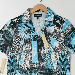 Cheap District Linen Texture Short Sleeve Button Down Shirt - Blue Button Downs
