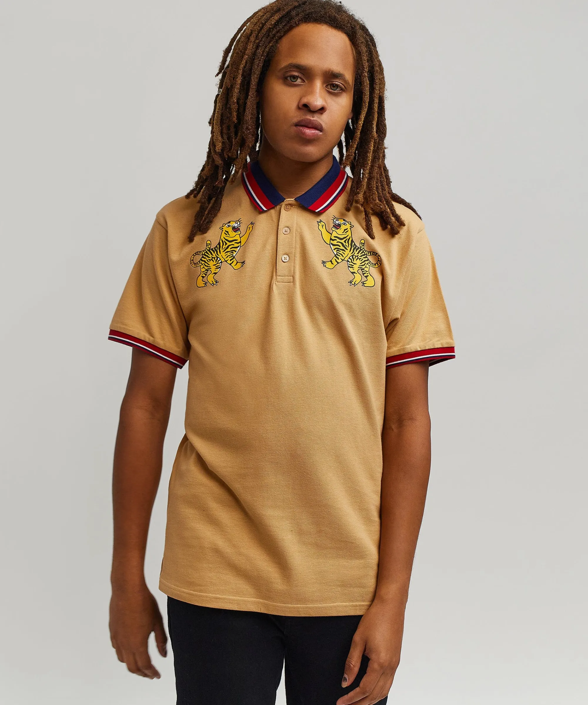 fearless_tiger_embroidered_polo_shirt__khaki_4.webp Store Fearless Tiger Embroidered Polo Shirt - Khaki Graphic Tees | Polos