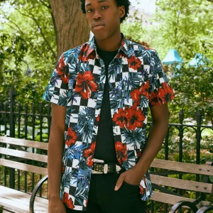 Clearance Floral Check Print Short Sleeve Shirt Button Downs