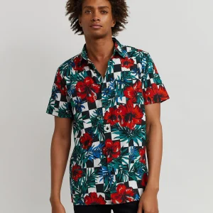 Clearance Floral Check Print Short Sleeve Shirt Button Downs