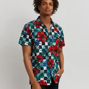 Clearance Floral Check Print Short Sleeve Shirt Button Downs