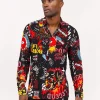 Hot Fury Graffiti Allover Print Long Sleeve Shirt Button Downs