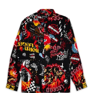 Hot Fury Graffiti Allover Print Long Sleeve Shirt Button Downs