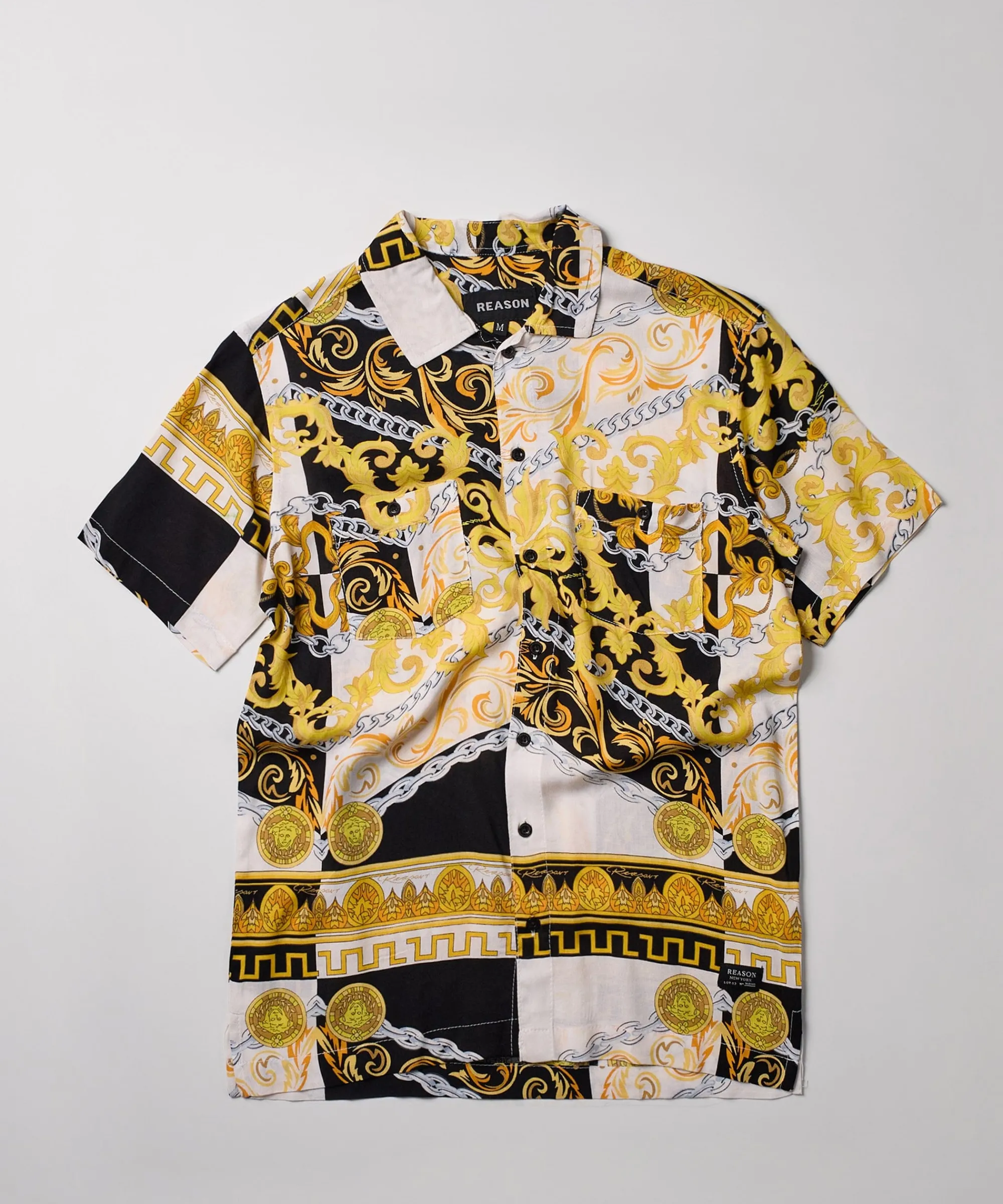 medusa_gold_chain_short_sleeve_woven_shirt_0.webp Fashion Medusa Gold Chain Short Sleeve Woven Shirt Button Downs