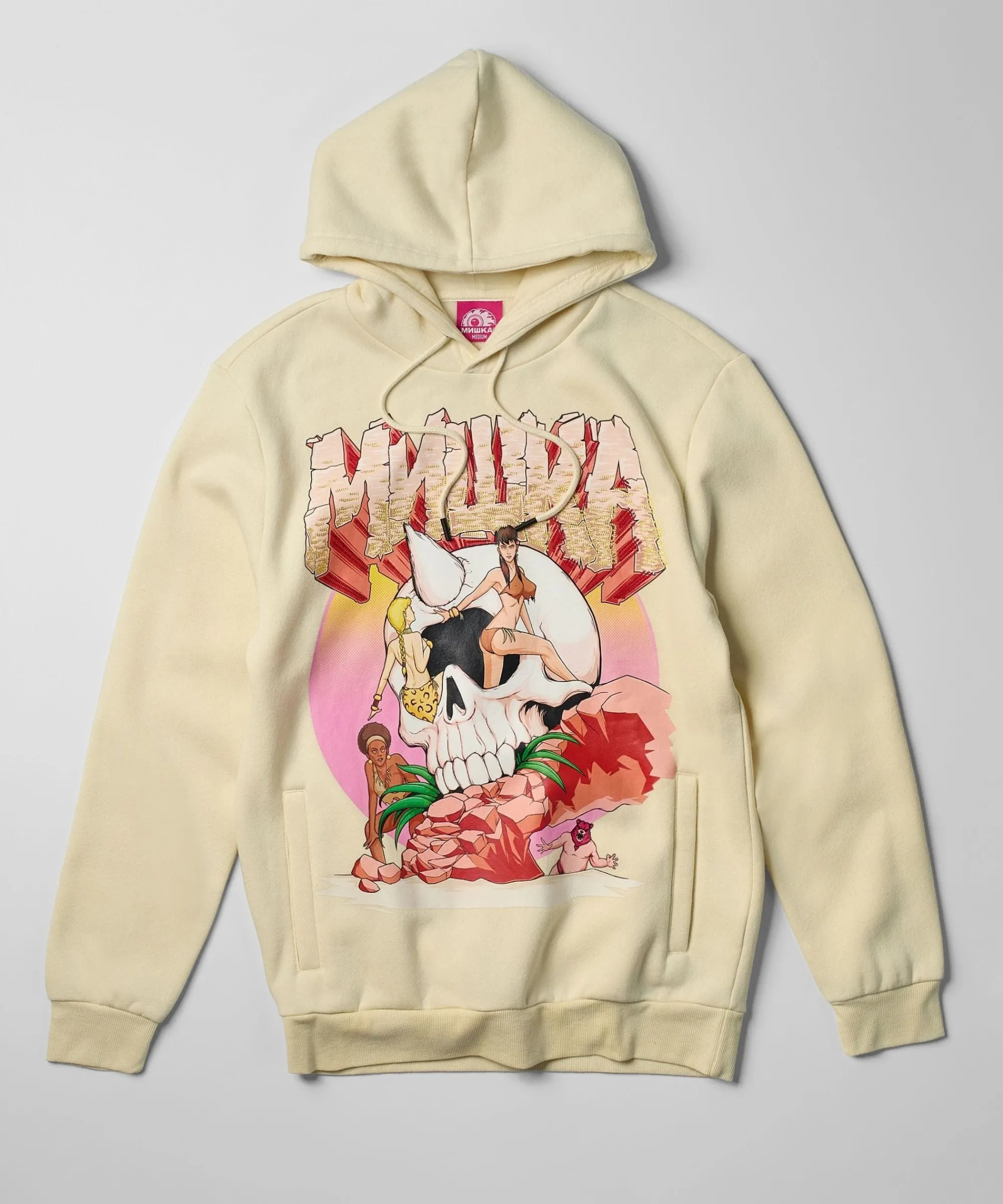 mishka_graphic_print_embroidered_hoodie__khaki_0.webp Sale Mishka Graphic Print Embroidered Hoodie - Khaki Hoodies | Hoodies