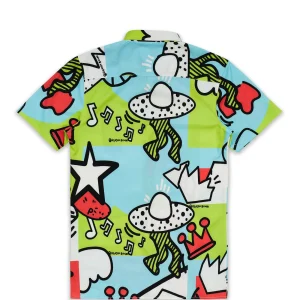 Sale Party Block Comic Print Short Sleeve Shirt - Green Button Downs