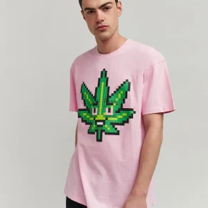Fashion Pixel Leaf Short Sleeve Tee - Pink Graphic Tees