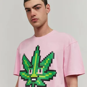 Fashion Pixel Leaf Short Sleeve Tee - Pink Graphic Tees