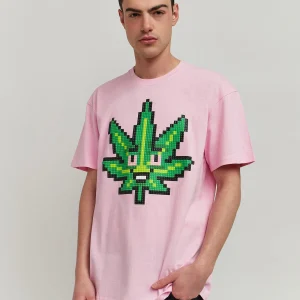 Fashion Pixel Leaf Short Sleeve Tee - Pink Graphic Tees