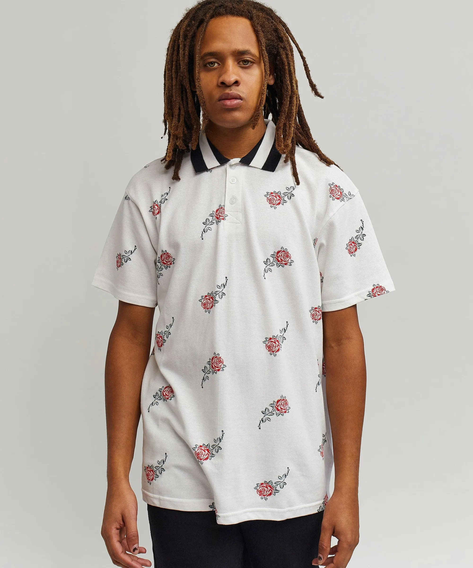 rose_allover_print_polo__white_1.webp Discount Rose Allover Print Polo - White Polos | Graphic Tees