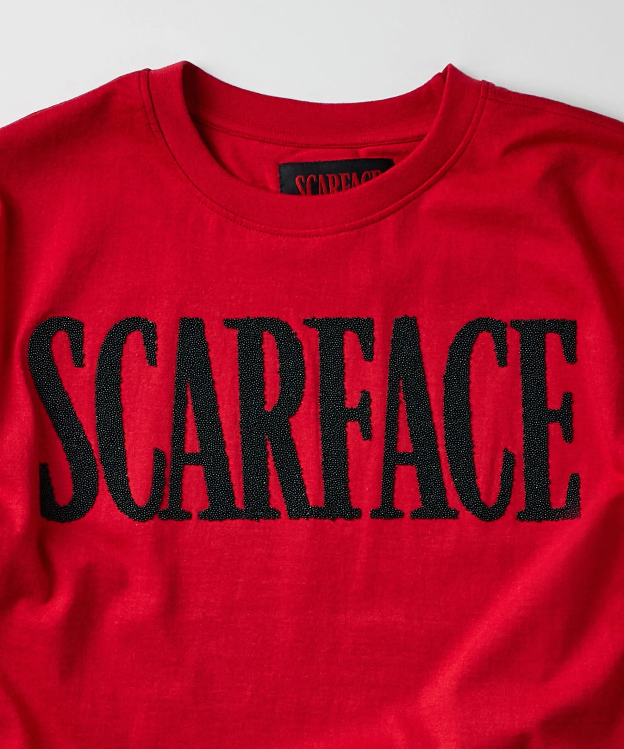 scarface_logo_caviar_print_short_sleeve_tee__red_0.webp Store Scarface Logo Caviar Print Short Sleeve Tee - Red Graphic Tees