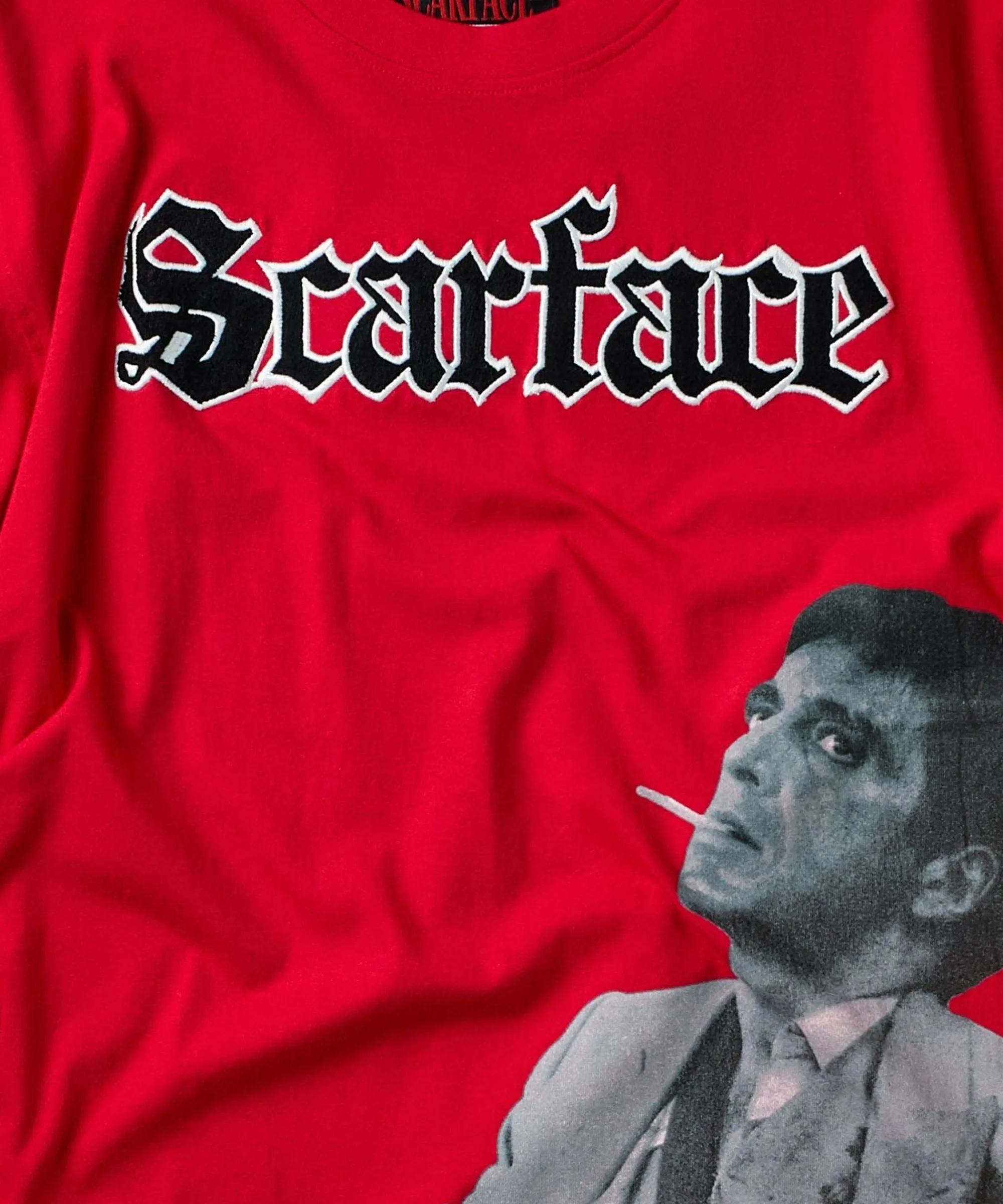 scarface_old_english_short_sleeve_tee__red_2.webp Fashion Scarface Old English Short Sleeve Tee - Red Graphic Tees