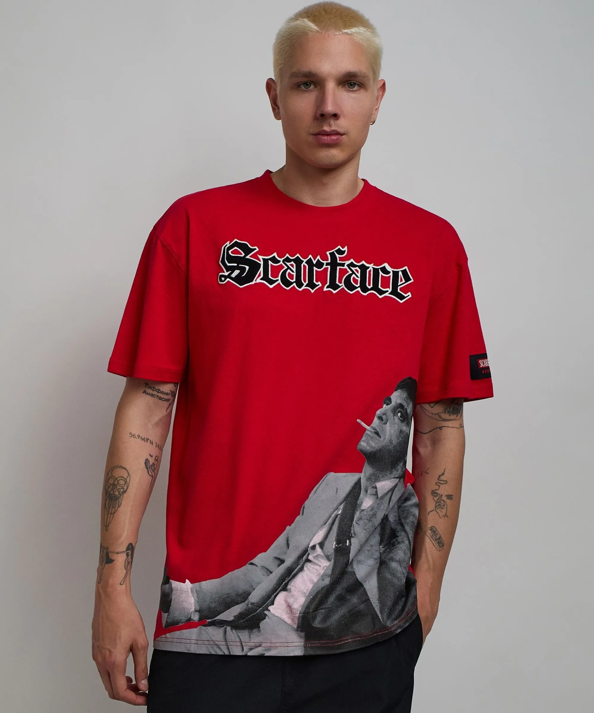 scarface_old_english_short_sleeve_tee__red_4.webp Fashion Scarface Old English Short Sleeve Tee - Red Graphic Tees