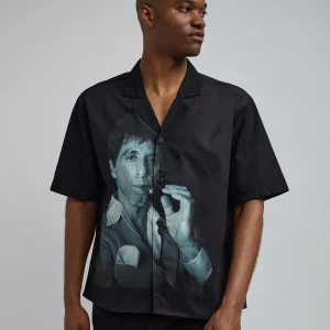 Sale Scarface Tony Montana Short Sleeve Shirt Box Fit - Black Button Downs