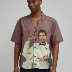 New Scarface Tony Montana Short Sleeve Shirt Box Fit - Brown Button Downs | Oversized Tees